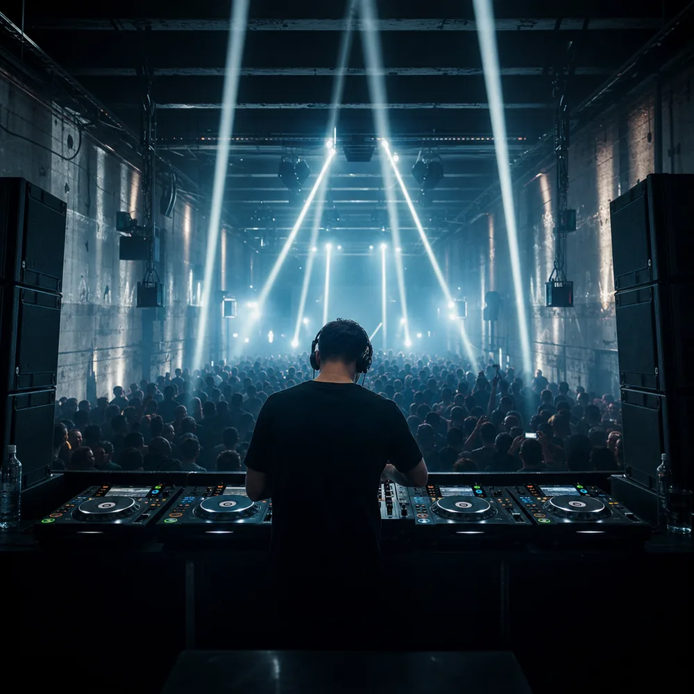 A DJ overlooking a crowded club under architectural beams of light